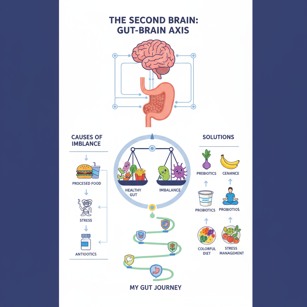 Gut Health Infographic showing the connection between the brain and gut, causes of imbalance, and solutions like prebiotics and probiotics.