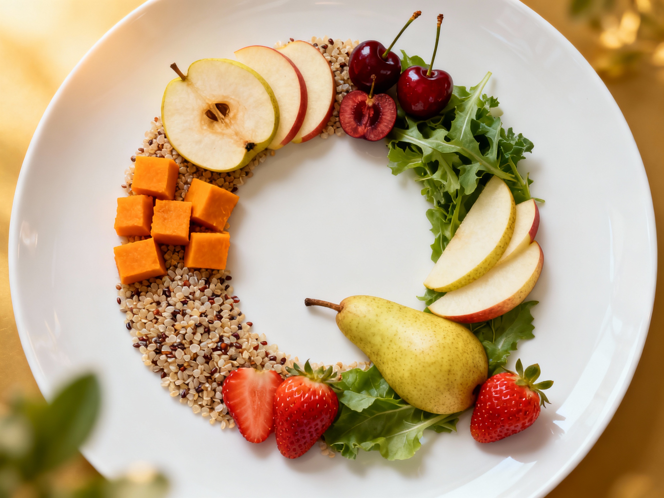 Q shaped plate arranged with quinoa, quince, pumpkin and fruits