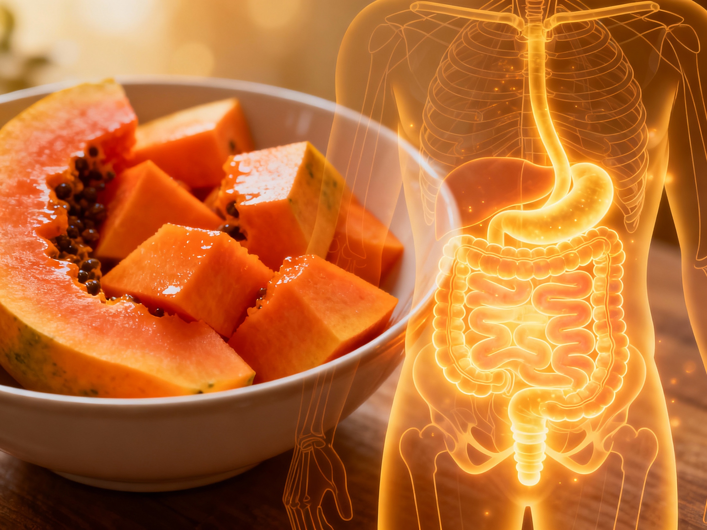 Papaya slices and glowing digestive tract illustration