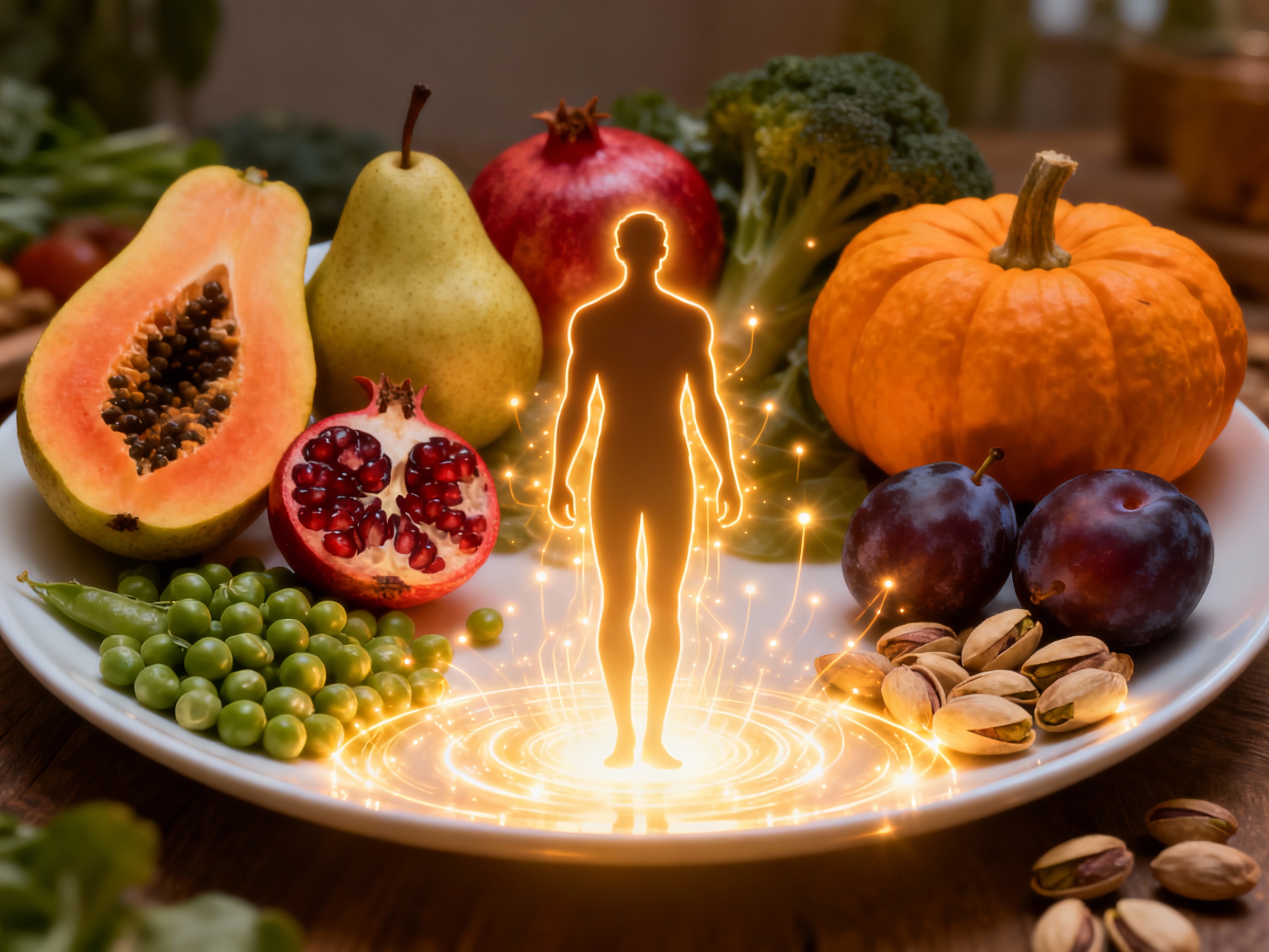 Colourful P foods surrounding a glowing human body silhouette