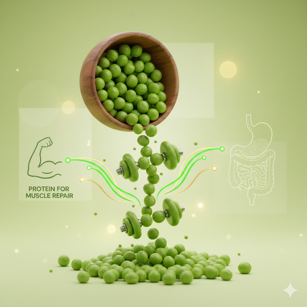 Green peas turning into tiny dumbbells beside muscles