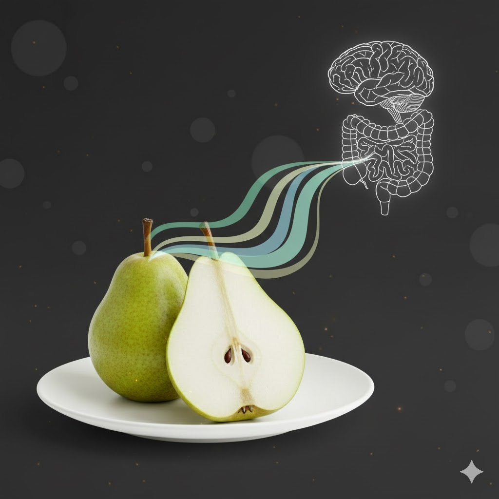 Sliced pear with energy waves linking gut and brain