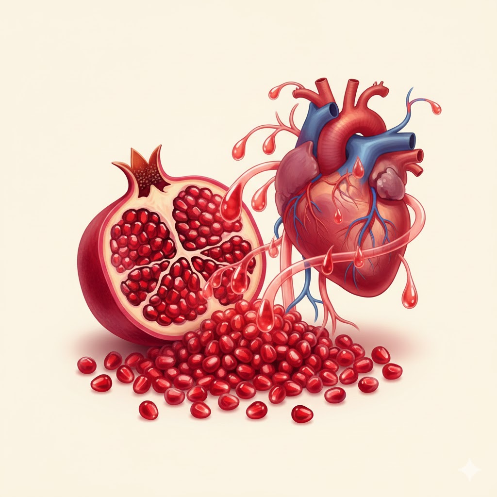 Open pomegranate with seeds flowing through heart arteries illustration
