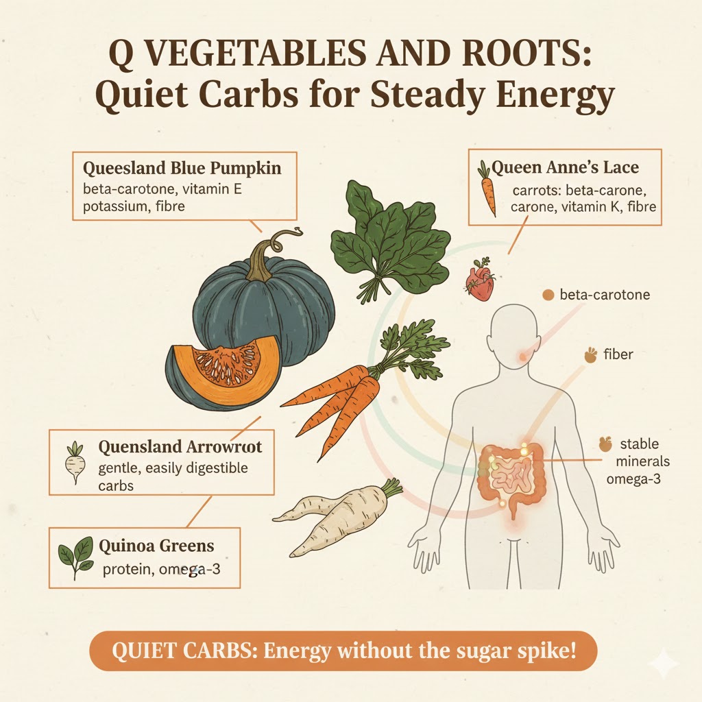 Queensland blue pumpkin, roots and leafy greens on a board
