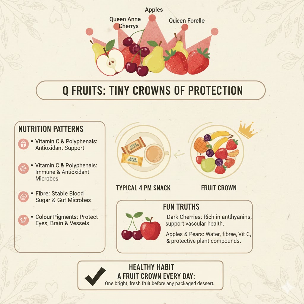 Assorted colourful Q fruits like apples, cherries, pears and berries